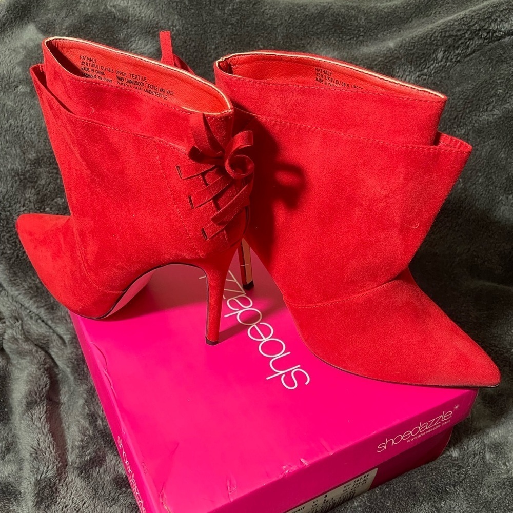 ShoeDazzle Nathaly Red High Heel Boots, Red Ribbon Lace Up Booties, Pointed Toe - Picture 3 of 6